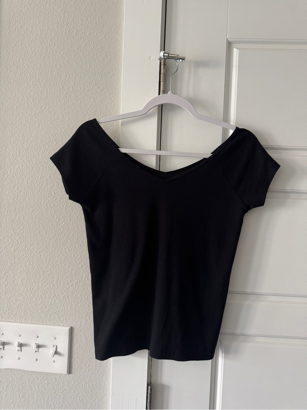 American Eagle Outfitters Black V-Neck Off the Shoulder Top